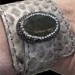 Leathercraft Snake Skin Fleur de Lis Adjustable Bracelet Rhinestone & Emerald